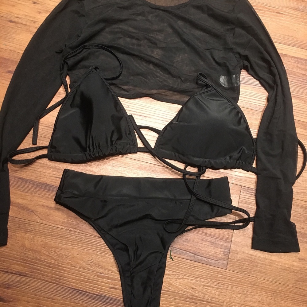 3 piece Black Thong Swimsuit with Long sleeve